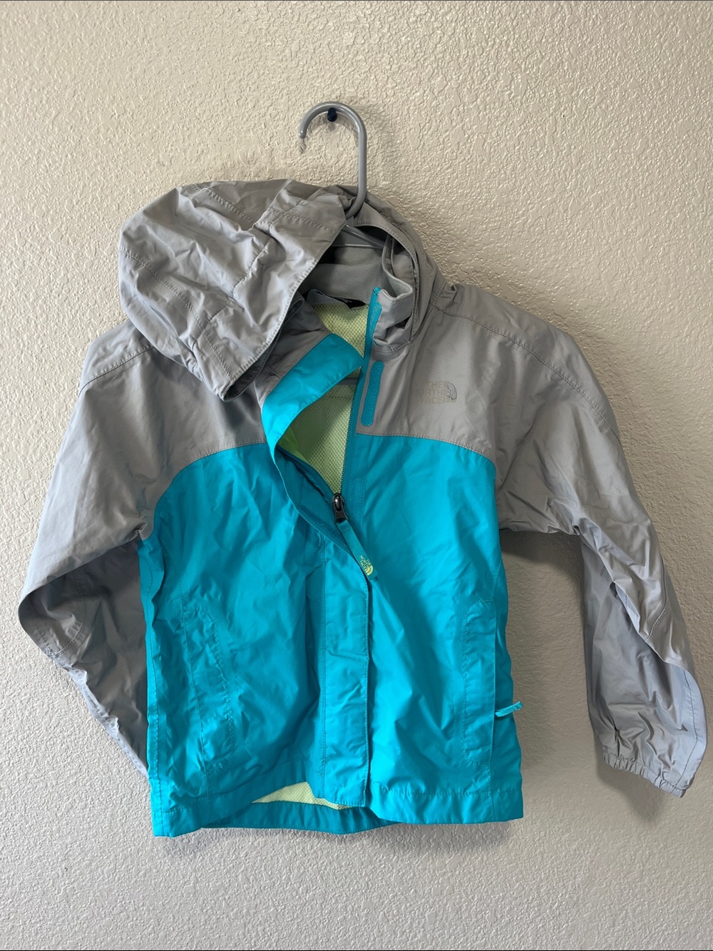 The North Face Teal and Light Gray Kids Hooded Rain Jacket